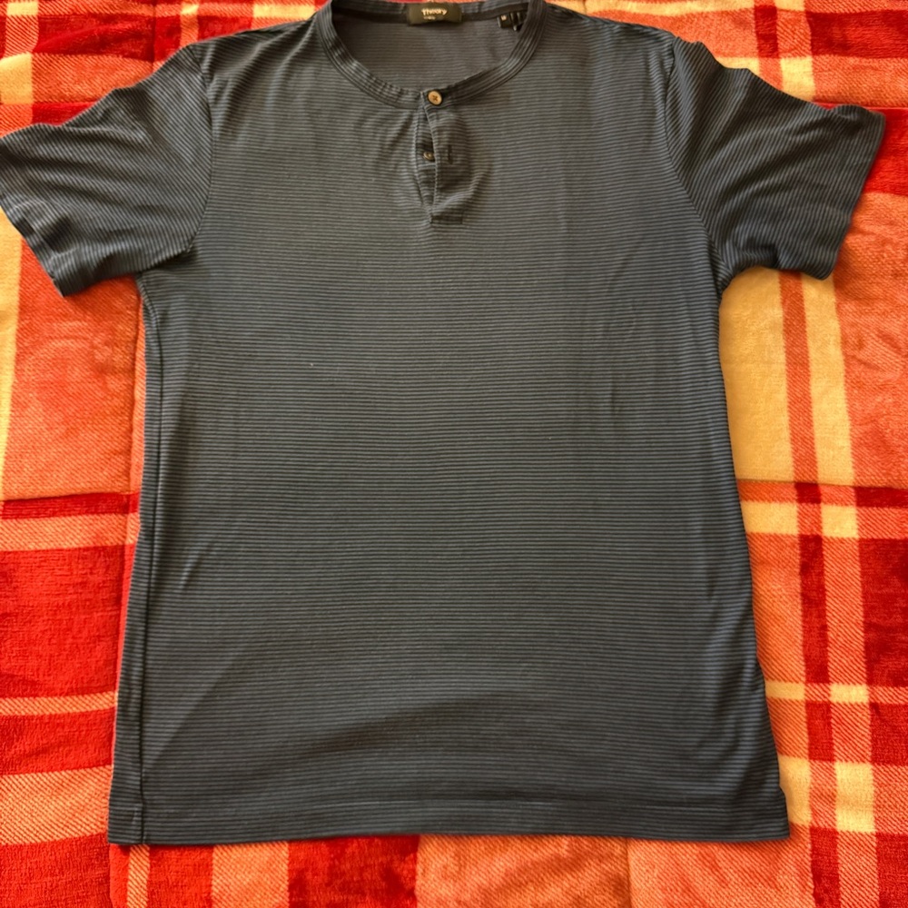 Theory Navy Striped Short Sleeve Henley
